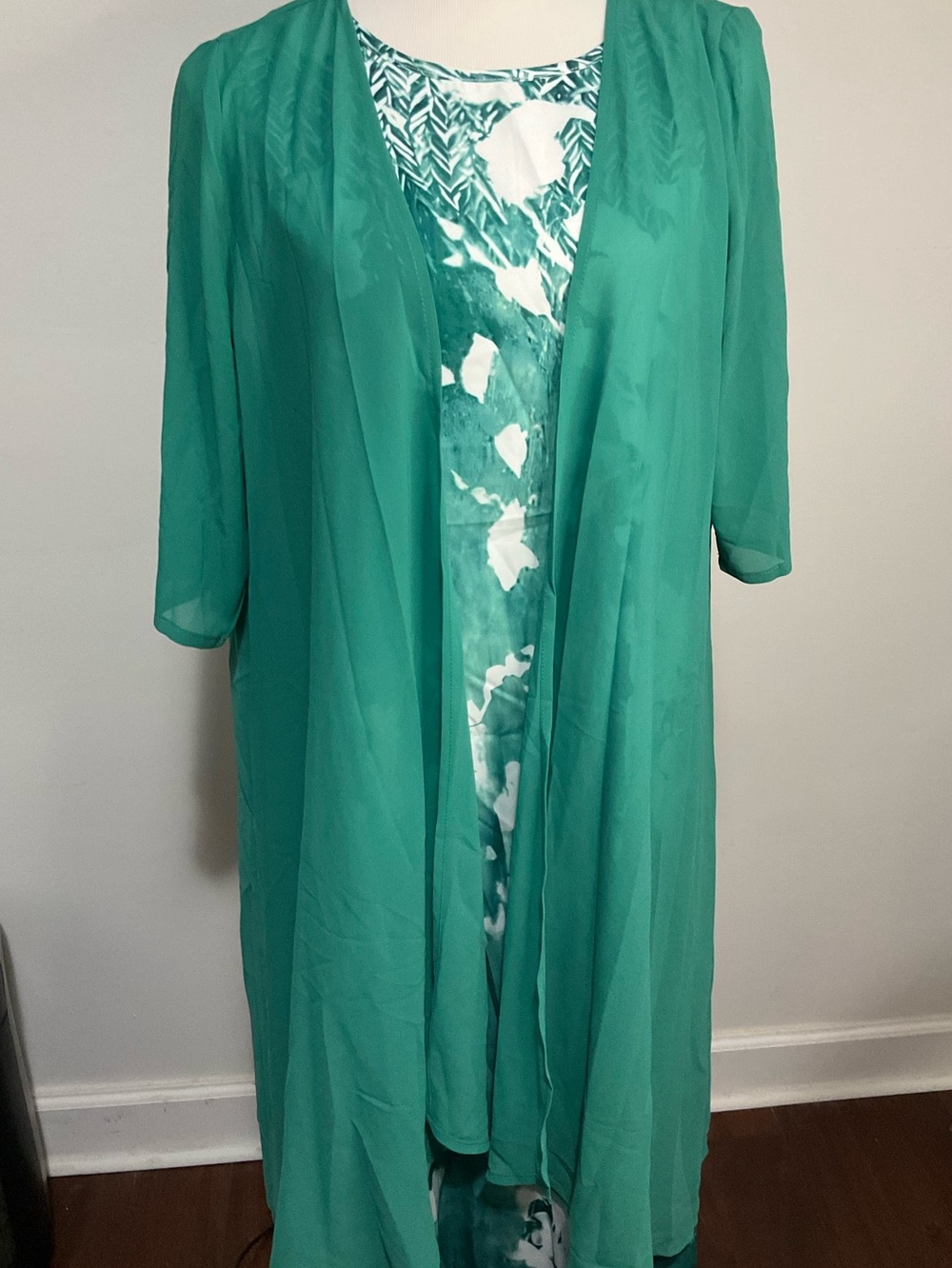 Women’s 2pc Green/White Floral Dress & Open-Front Jacket Round Neck Size L